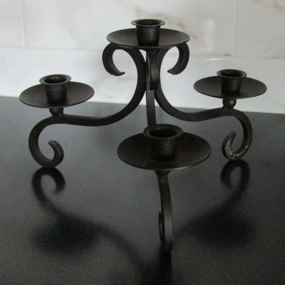 Vintage Antique Bronze Wrought Iron Candle Holder with Scrolls, Holds 4 Candles